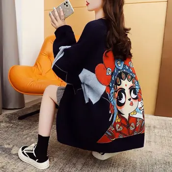 Kitajski Slog Puloverji Risanka Opera Outwear Pulover Jopico Ženske Jeseni Ins Svoboden Priložnostne Pletene Vrhovi V Vratu Enotni